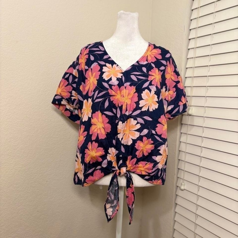 100% linen short sleeve front tie Charter Club Luxury navy purple floral‎ blouse